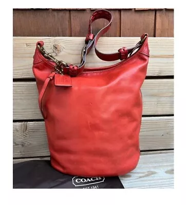 Coach XL Bleecker Tattersall Burnished Leather Bucket Duffle Bag Red • $350