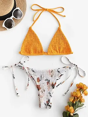 $18.99 • Buy Zaful Womens White Floral Smocked Triangle String Bikini Sz Small