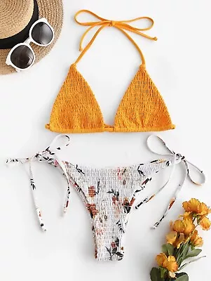 Zaful Womens White Floral Smocked Triangle String Bikini Sz Small • $18.99