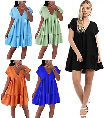 Women Ladies V Neck Frill Layered Summer Beach Tiered Smock Swing Mini Dress Top • £13.99