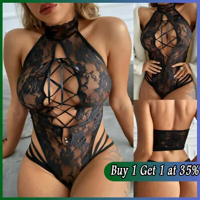 Women Ladies Fishnet Bodysuit Sexy Lace Up Lingerie Babydoll Underwear Plus Size • £3.92