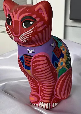 Cat Figurine Statue Mexico Tostado Pottery-Tonala Style 8.5”-Multicolored Scenic • $18
