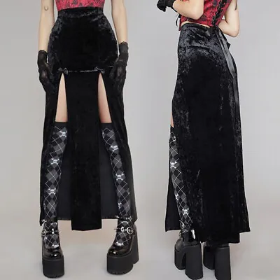 Goth Vintage Black Velvet Split Skirts Sexy High Waist Bow Bodycon Long Skirt • $31.89