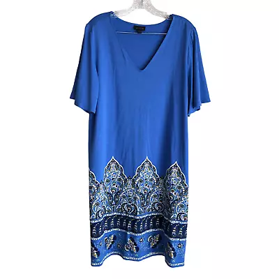 J. Jill Wearever Women's Dress Size L Geometric Blue V-Neck Stretch Knee Length • $22.81