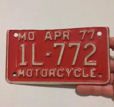 Missouri 1977 Motorcycle License Plate *cut* 1l-772 Vintage White On Red April • $19.99