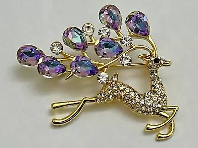 Deer Crystal Rhinestone Brooch Pin Glass Blue Purple Gold Tone Vintage Christmas • $13.99