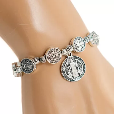$7.59 • Buy Saint St Benedict Medal Silver Rosary Bracelet Pulsera De Plata De San Benito