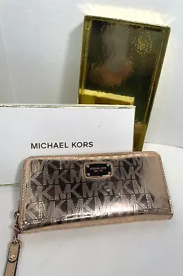 Michael Kors MK Monogram Mirrored Metallic Zip Around Wallet Clutch Rose Gold • $75