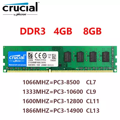 Crucial DDR3 4GB 8GB 1066 1333 1600 1866MHZ Desktop RAM Memory DIMM 1.5V 240Pin • £21.84