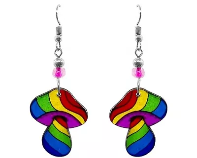 Psychedelic Rainbow Striped Mushroom Earrings Magic Fungi Trippy Hippie Jewelry • $13.99