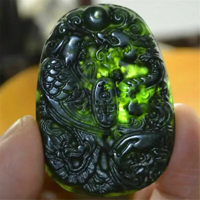 Chinese Black Green Jade Hand Carved Dragon Phoenix Pendant Necklace Amulet Gift • £5.93