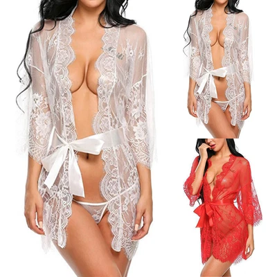 $11.39 • Buy Women Lace Mesh Robe Lingerie See Through Bandage Kimono Dressing Gown Nightwear