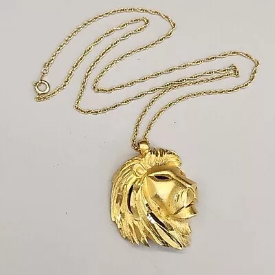 Lion Head Necklace Vtg Gold Tone Chain Brushed Mane Etched 3D Animal Lover 24  • $27.20