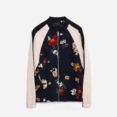 $45 • Buy Zara Navy And Pink Floral Bomber Jacket Medium