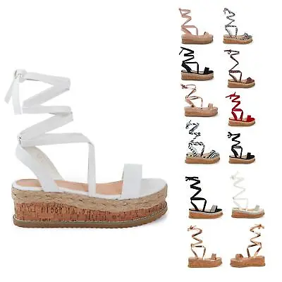 £13.90 • Buy Womens Ladies Flat Wedge Espadrille Lace Tie Up Sandals Platform Summer Shoes