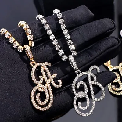 A-Z Cursive Letter Crystal Chain Necklace For Women Bling Iced Out Pendant • $7.49