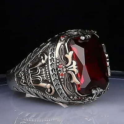Men's Ring 925 Sterling Silver Turkish Handmade Jewelry Garnet Stone All Size • $58