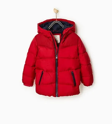 GUC Zara Boys BASIC QUILTED JACKET Zip Up Coat Hooded Red  Sz 8 • $8.99