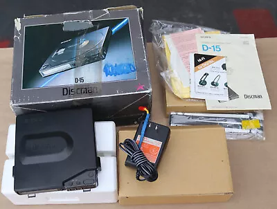 VINTAGE SONY DISCMAN D-15 D15 CD PLAYER W/ BOX POWER ADAPTER AC-D6M & MANUAL • $250