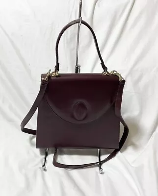 MUST DE CARTIER Bordeaux Leather 2way Flap Bag Handbag Shoulder Bag Gold 2C Logo • $134.64