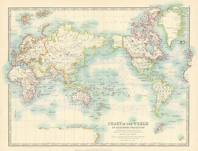 WORLD ON MERCATOR'S PROJECTION Unusually Pacific-centred. JOHNSTON 1913 Map • $41.03