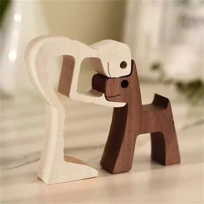 Handmade Wooden Statue Sitting Woman And Dog Wood Decoration Craft Figurine • $11.62