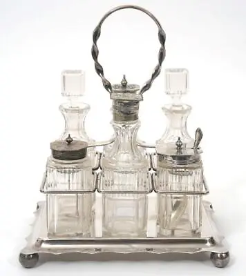 Antique Cut Glass & Silverplate 7 Piece Oil & Vinegar Castor Set Cruet Stand Set • $149.99