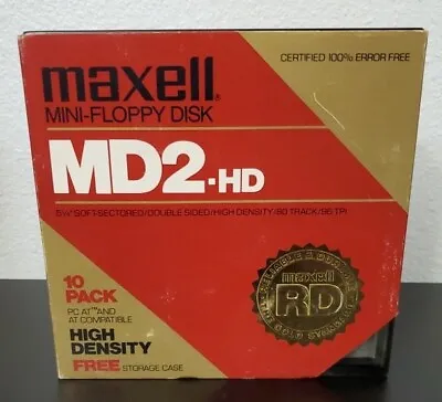 Maxell MD2-HD Mini-Floppy Disk 5 1/4  10pc Pack Opened W/Storage Case • $18