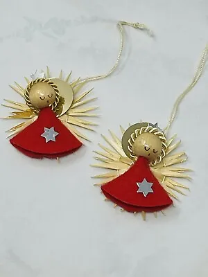 2 Vintage Wooden Angels Straw Felt Christmas Ornaments Red Gold Cherub • $9.99