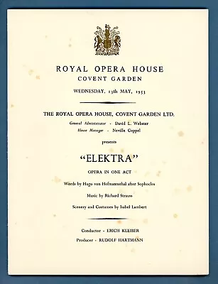 1953 Covent Garden Opera Programme. Elektra. Joan Sutherland Erich Kleiber. • £3