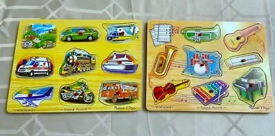 LOT OF 2 Melissa & Doug Wooden Sound Puzzles- 8 Musical Instruments & 8 Vehicles • $8