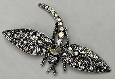 Dragonfly Insect Clear AB Rhinestone Brooch Pin Vintage Filigree Bug Silver Tone • $9.99