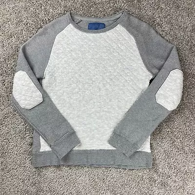 Zara Sweater Womens XS Tight Knit White Grey Professor Elbow Patches Comfy Top • $14.36