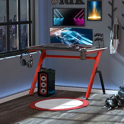 LED Ergonomic Gaming Desk Computer Table With Cup Holder Cable Management Red • £79.99