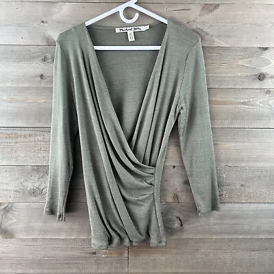 Michael Stars Womens Shirt 3/4 Sleeve Blouse Faux Wrap Green Size Medium Large • $19.99