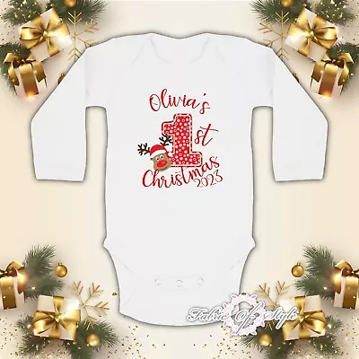 Personalised My First 1st Christmas  Baby Kids Bodysuit  Long Sleeve Reindeer • £8.95