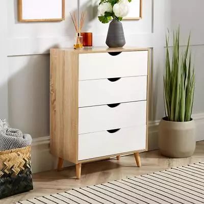 Chest Of 4 Drawers Oak And White Bedroom Storage Solid Wood Legs Scandi Style • £59.99