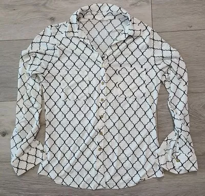 Mine Top Long Sleeve Button Down Black Cream Semi Sheer Collared Geometric • $13