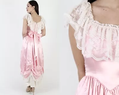 Vintage 80s Fairytale Princess Dress Pink Satin Lace Off Shoulder Prom Gown Maxi • $118