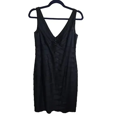 Jones New York Black Satin Layered Bandage Dress Size 8 • $48.99
