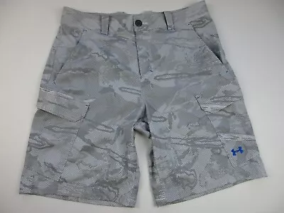 Mens 34 Under Armour Fish Hunter Cargo Camo Gray White Shorts Blue Logo • $34