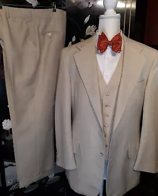 VTG 60s 70s Linen 3 Piece Suit Mens 39 Reg 35W X 28.5L MCM • $117