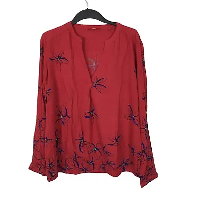 S.Oliver Blouse Tunic Shirt Top Red Size 12 EU 40 Floral V-Neck Long Women's • $12.42