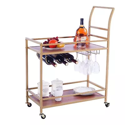 Gold Bar Cart With Wheels Home Bar Serving Cart With 2-Tier Wooden Shelves ... • $50.22