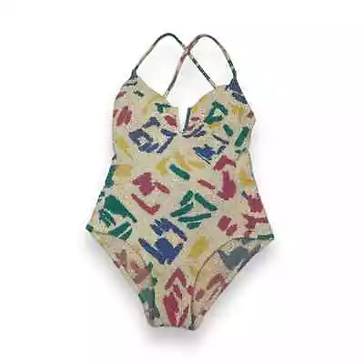 Vintage 90s Ivory Printed Textured One Piece Swimsuit SZ 10 • $40