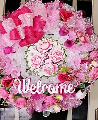Wreath Spring Summer Everyday Pink Deco Mesh Wreath 🌹 ROSES Handmade • $57