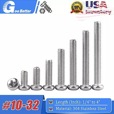 #10-32 UNF Phillips Pan Head Machine Screws 304 Stainless Steel Ruond Head Bolts • $6.74