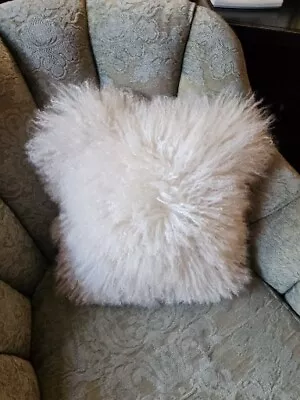 100% Real Mongolian Fur White Pillow Cushion With Feather Insert  14 Square EUC • $28.50