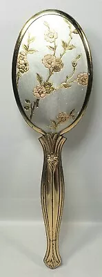 Vintage OVAL HAIR BRUSH Metal Floral Gold & Silver Tone Pink Collectible • $19.99