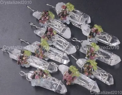 Natural Gemstone Clear Quartz Crystal Rock Stick Life Tree Pendant Beads Silver • $8.49